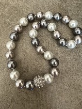 Runway Chunky Faux Creamy Gray Tones Faux Pearls Rhinestones Choker Necklace 17  