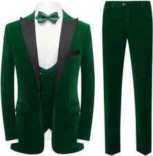 Men Velvet Suit Green Peak Lapel Luxury Groom Tuxedo Wedding Prom Party 3 Piece