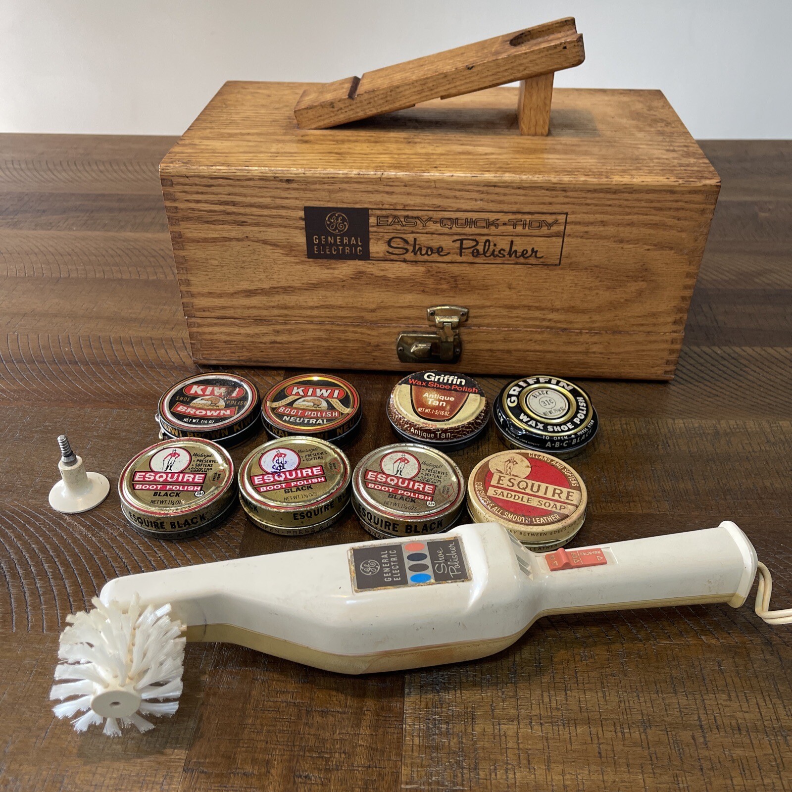 Vintage General Electric Shoe Polisher Kit Wooden Box Polish Buff Set