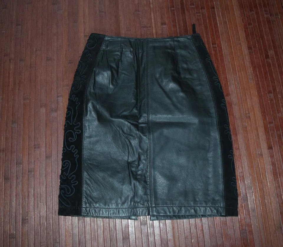 Falda lápiz para mujer G-3 cuero negro genuino bordado geométrico gamuza talla 7 Foto 3 de 4