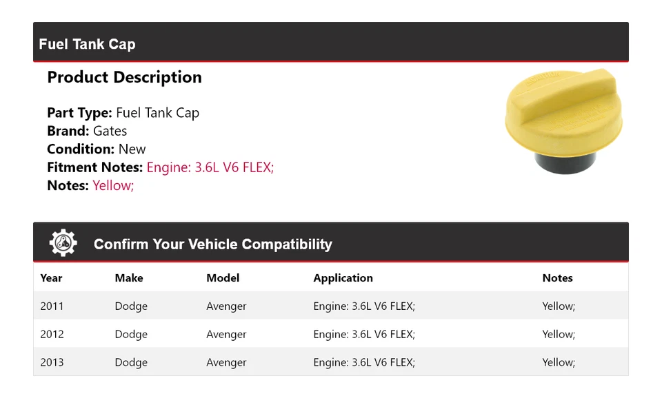 Para Dodge Avenger 2011-2013 3,6 L V6 FLEX tapa tanque de combustible puertas 2012 Foto 2 de 4
