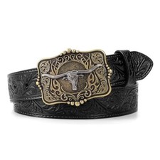 Cowboy Cowgirl Belt Western Belts for Men Women Floral Engraved Longhorn Buckle