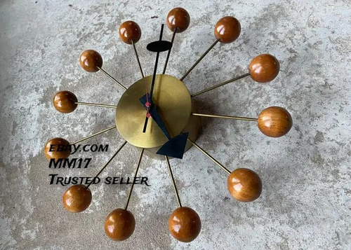 George Nelson Mid Century Ball Clock in Brass and Wood Vintage Home Decor - Picture 9 of 9