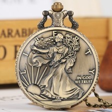 Vintage Bronze American Statue of Liberty Eagle Coin Quartz Pocket Watch Gifts