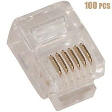 100x RJ12 6P6C Telephone Phone Line Plug Connector For Solid Round Wire Gold