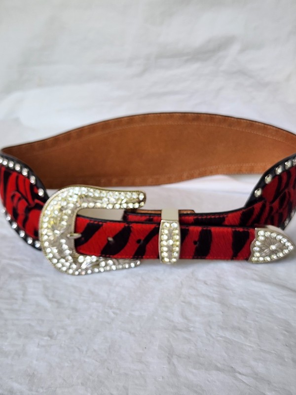 3D DDD Calf Hair Red Zebra Western Rhinestone Wide Back Leather Hip Belt $166  M