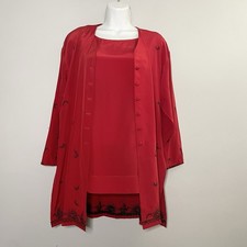 DVF Diane Von Furstenberg 100 Silk Red Embroidered 2 Piece Button Up Tunic Set