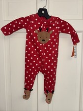 Size 6 Mo. Christmas Fleece Baby Pajama Romper, Carters, Deer Red Polka NWT