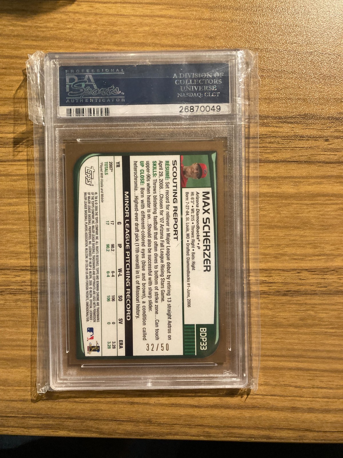 2008 Bowman Chrome RC Max Scherzer Gold/50 PSA 9 OC Rookie Card Refractor view 2