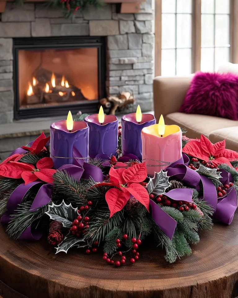 Juego de 4 velas de Adviento Homemory púrpura y rosa, 400+ horas de larga duración, Flic... Foto 2 de 4