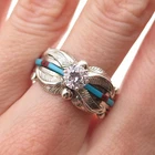 Old Pawn 925 Sterling Vintage Turquoise Coral Onyx & C Z Feather Ring Size 10