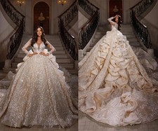 Wedding Dress Glitter Sequins Beading Appliques Cathedral Bridal Gowns Ruffles