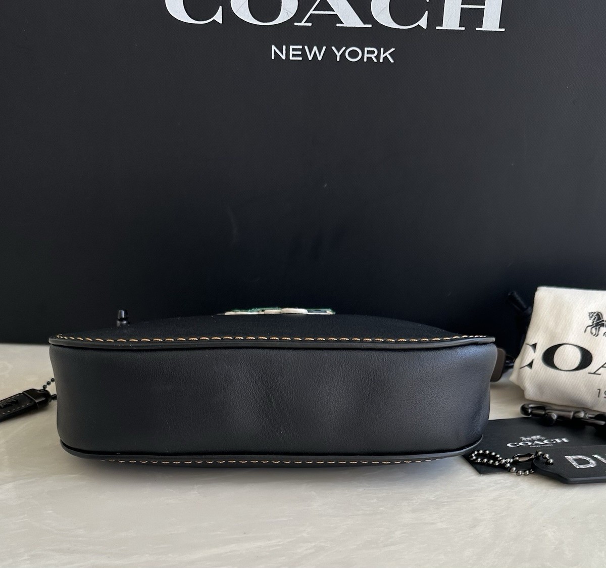 COACH 1941 STUDDED REXY VARSITY PATCH BLACK LEATHER POUCH WRISTLET