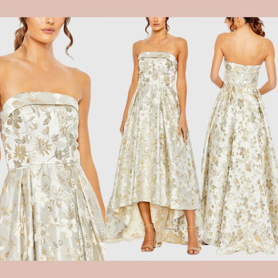 NWT MAC DUGGAL [ 16 ] 49619 Brocade Strapless Golden Floral High Low Gown S1993
