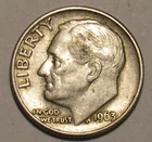 1963 D ROOSEVELT DIME, 90% Silver in circulated condition