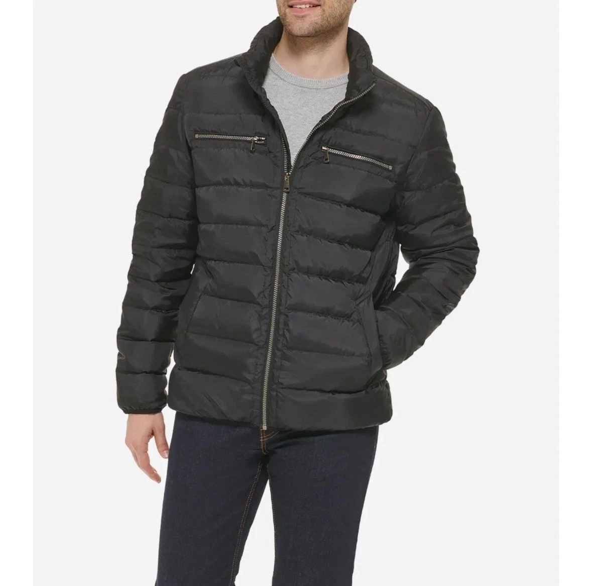 Cole Haan Signature Mens Large Black Packable Down Puffer Jacket Zip Up HR2-112