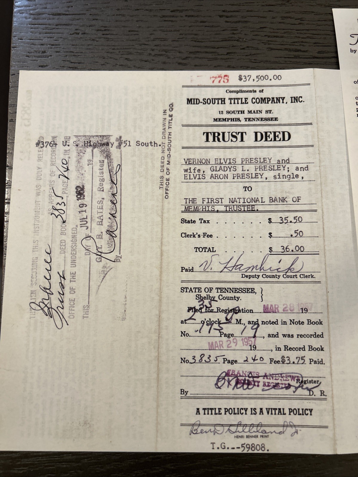 Elvis Presley Trust Deed 1957 Purchase Of Land For Graceland Official Replica
