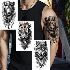 Set of 3 Sheets Lion Wolf Tiger Waterproof Temporary Tattoo 6090