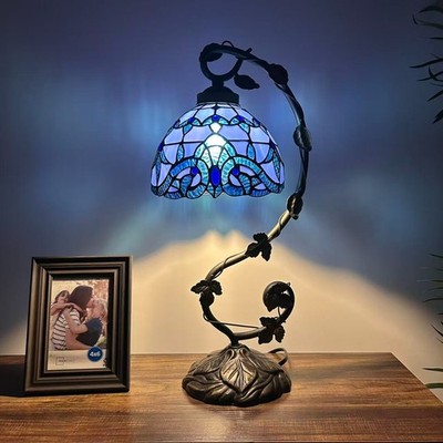 Tiffany Style Table Lamp Blue Stained Glass Baroque Style LED Bulb 21''H*11''W*8''D