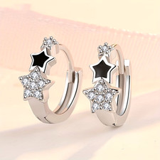 Fashion Women Shiny Zirconia Star Silvery Hoop Earrings Gift New