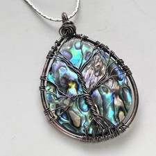 Tree of Life Hand Wrapped Abalone Shell Drop Pendant Necklace On 20" Chain