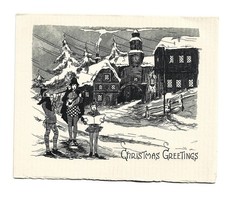 Vtg Christmas Card Musicians Caroler Winter Outside Building Clock Etched 1929