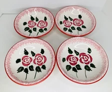 Set of 4 Unmarked Hand Painted Bowls Pink Roses 7.5" X 2"tall w/Crazing NO Chips
