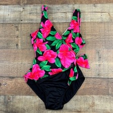 Sea Fair Vintage Pink Green Floral Print Faux Wrap One Piece Swimsuit Size 9/10