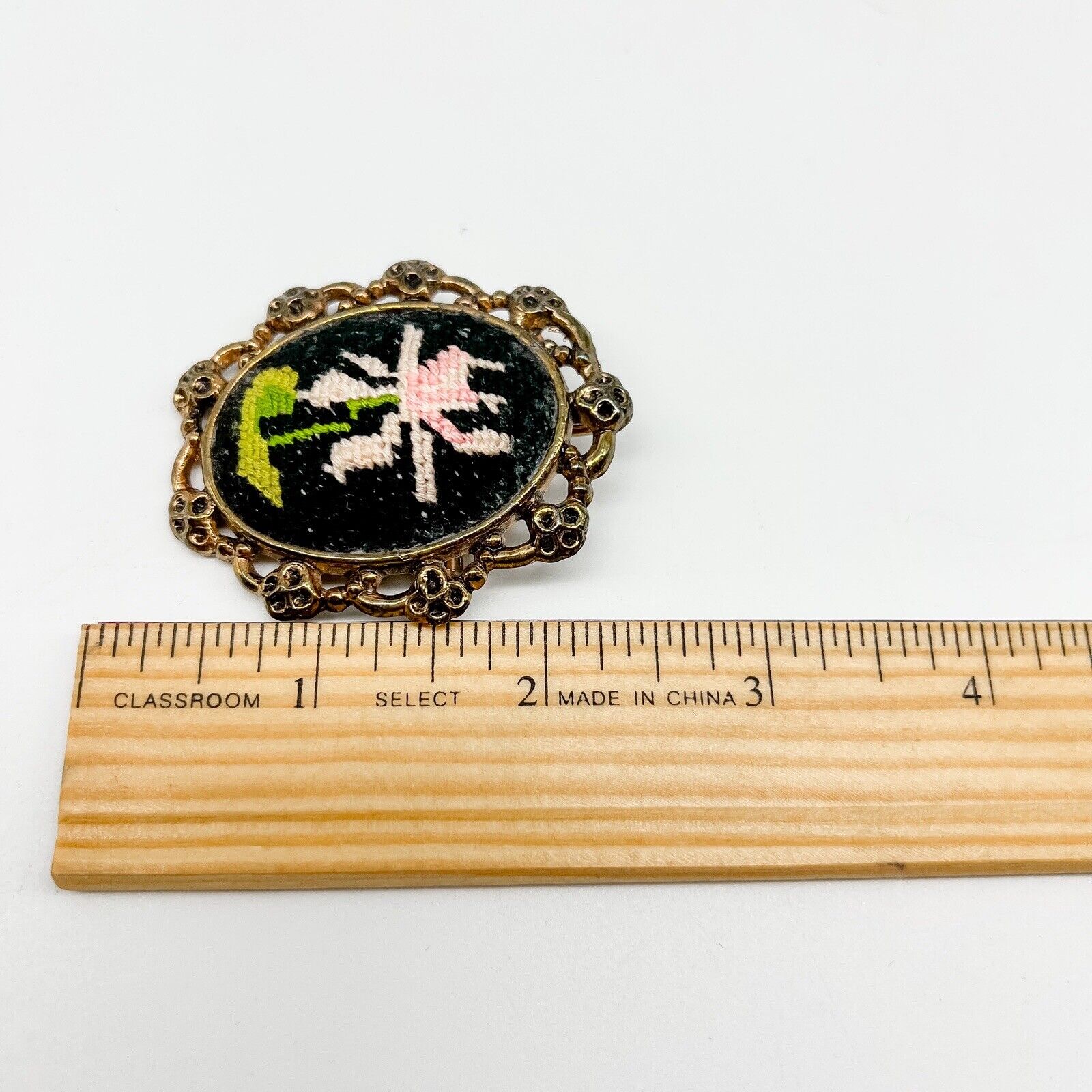 Vintage Needlepoint Petit Point Pink Flower Black… - image 4