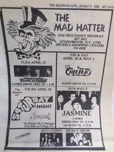 Mad Hatter BAR / Club Stonybrook U. 1982 AD vintage CHEETAH metal bands NY L.I. - Picture 1 of 2