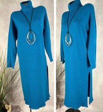 Strick TUNIKA langes Kleid Stiefelkleid Rollkragen SCHLITZ  neu PETROL
