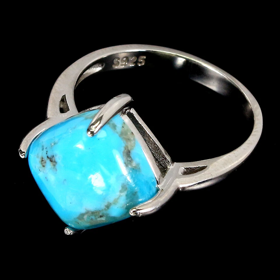 Anillo de plata de ley 925 cojín azul turquesa 10 mm piedras preciosas joyería Foto 3 de 4