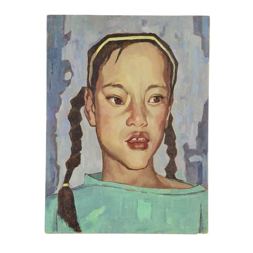 Vintage Ölgemälde surrealistisches Porträt junges Mädchen mit Zöpfen