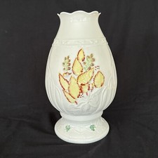 Belleek Ireland Autumn Leaves Hurricane Lamp 2005 Porcelain w Base Shamrocks