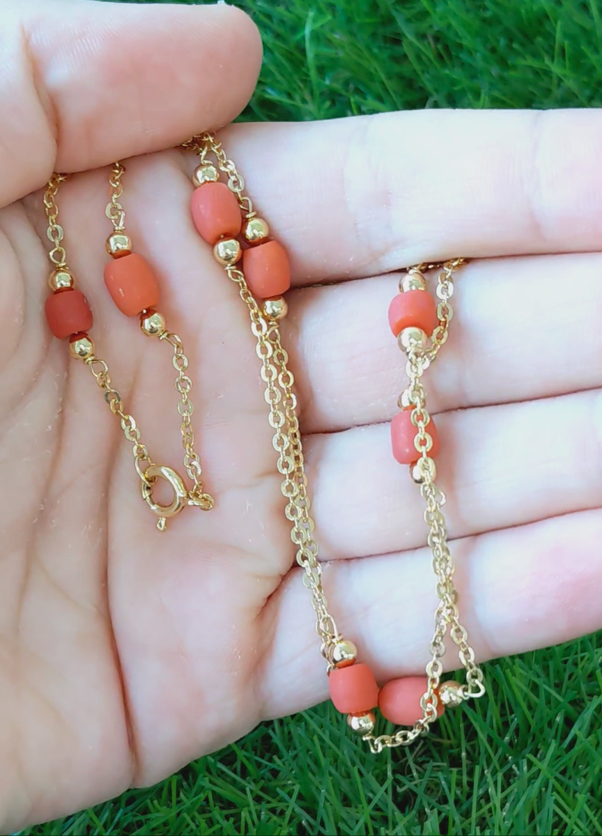 Red Coral Station Cable Chain Necklace 18k Yellow Gold 18