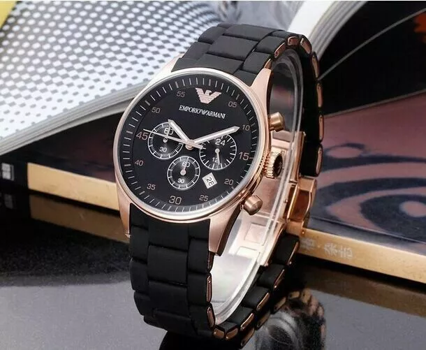 NEW GENUINE EMPORIO ARMANI MEN'S WATCH AR5905 BLACK SILICONE STRAP AND ROSE GOLD