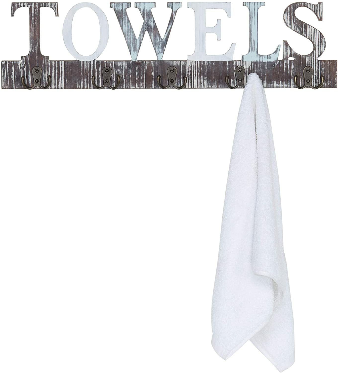MyGift Rustic Wood 5 Dual-Hook Towel Hanging Rack with Cutout Letters