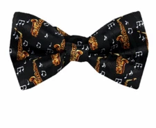 Men's Saxophone Musical Notes Pre Tied Novelty Bow Tie Black Gold Musical Theme