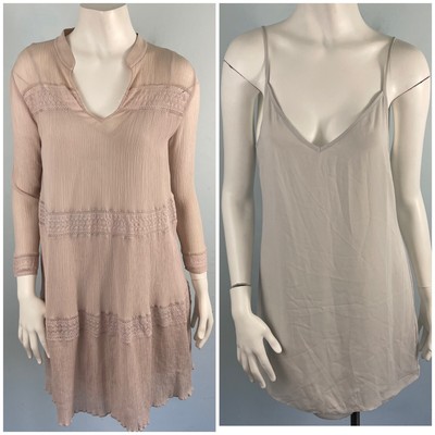 All Saints Nima Flowy Lace Trim Crinkle Gauze Dress w/ Slip Dress Lining M US 8