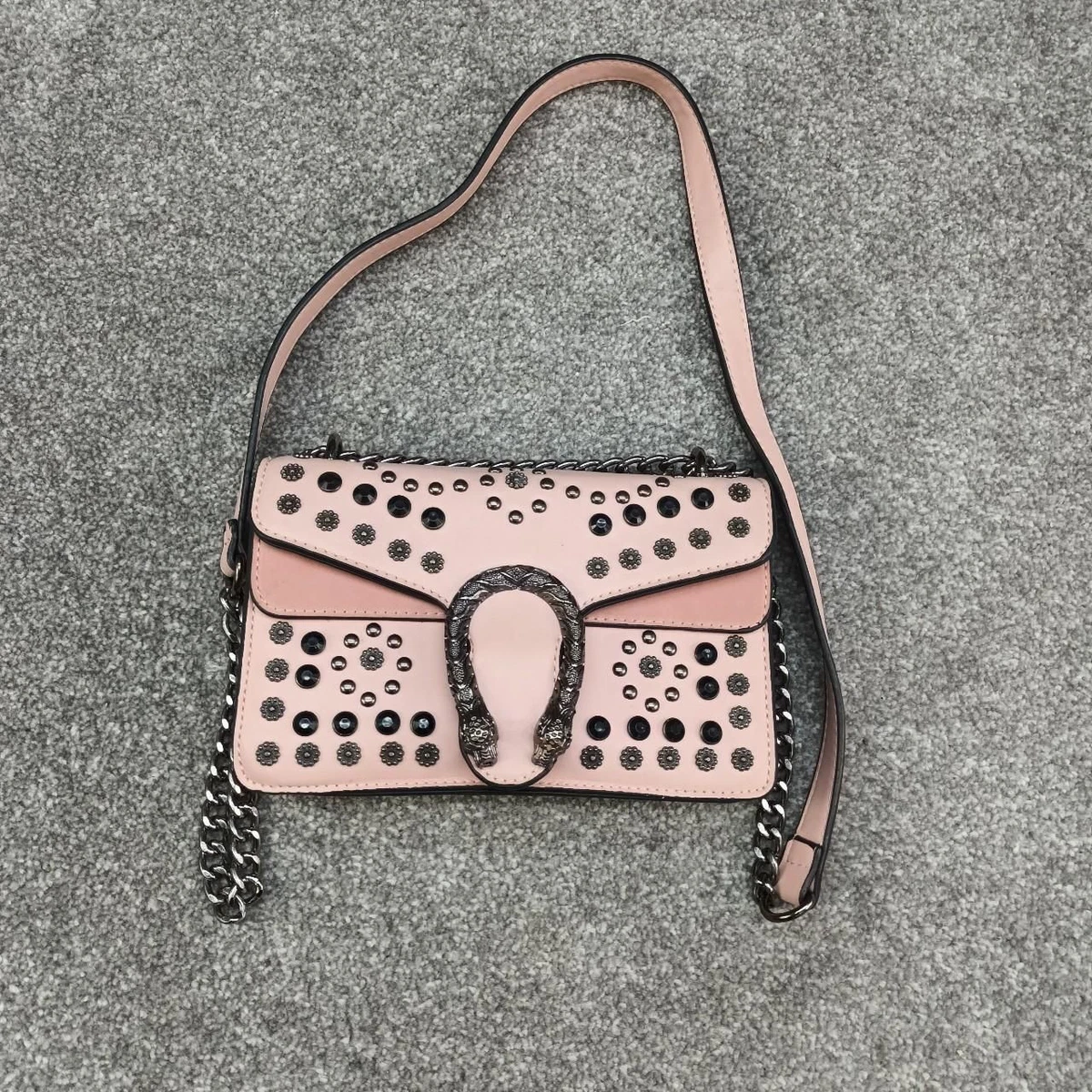 PINK FAUX LEATHER HANDBAG SILVER STUDDED SATCHEL CHAIN SHOULDER BAG Y2K