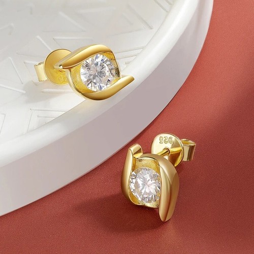 D VVS1 Moissanite Stud Earrings Women Gift 925 Sterling Silver 18k Gold Plated - Picture 9 of 19