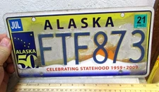 Alaska License Plate 1959-2009 Celebrating 50 yrs of statehood FTF 873 tag 2021