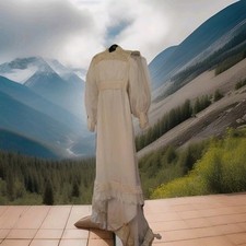 ILGWU Victorian Ivory High Neck Lace Wedding Gown Prairie Dress Vintage 1970 s