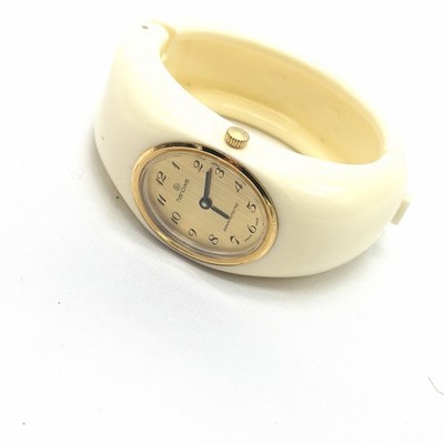 Vintage Hanowa Swiss Made Bangle Cuff Watch Ivory Resin Gold Tone Shockproof Wor