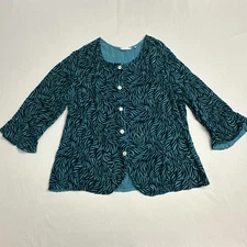 Kleen Top Women Medium M Silk Blend Burnout Button Up Blue Black 3/4 Sleeve Wavy