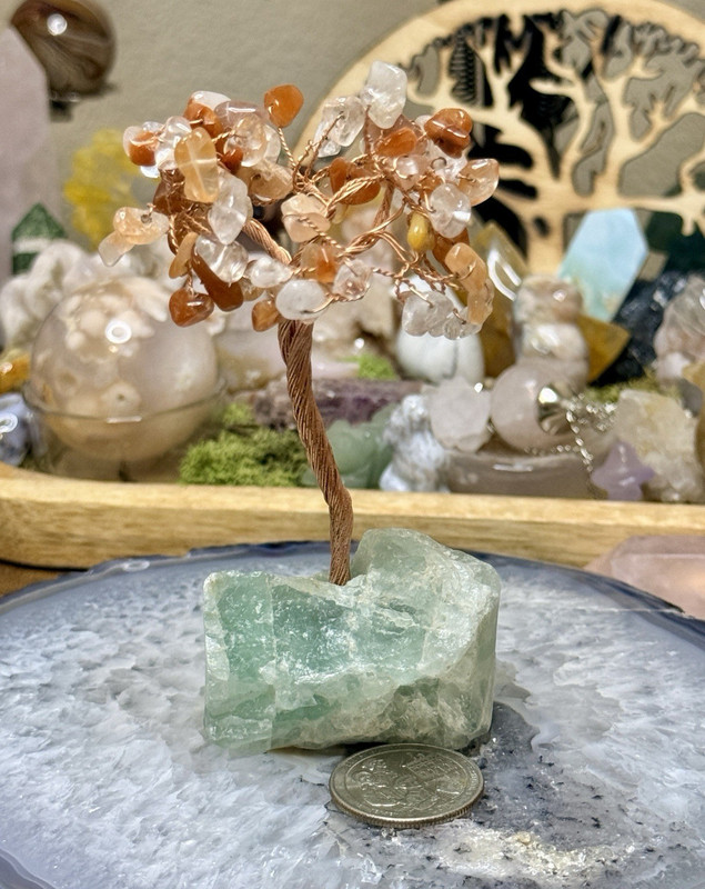 Fire Quartz Chip Tree on Green Fluorite Base