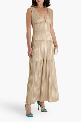 Jonathan Simkhai Womens Size 12 Gold Lam Pleated Tier Formal Vallen Gown |  eBay