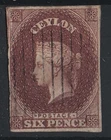 Ceylon 1857 6d purple-brown vfu imperf 4 margins, corner wmk lines sg6 c£160