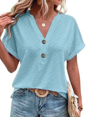 Damen Kurzarm Henley V-Ausschnitt Tops Himmelblau XL Z4G85079