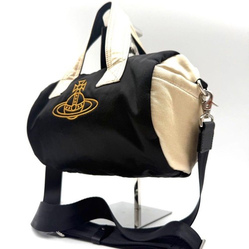 VIVIENNE WESTWOOD Orb Canvas Leather 2 Way Boston Bag Black Off-White From Japan